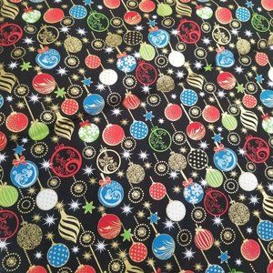 Enchanted Christmas Fabric 37" x 43" Black with Colorful Christmas Ornaments